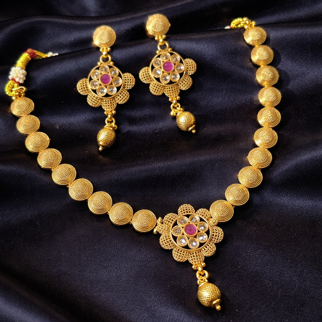 Gold necklace and earrings set on a dark fabric background