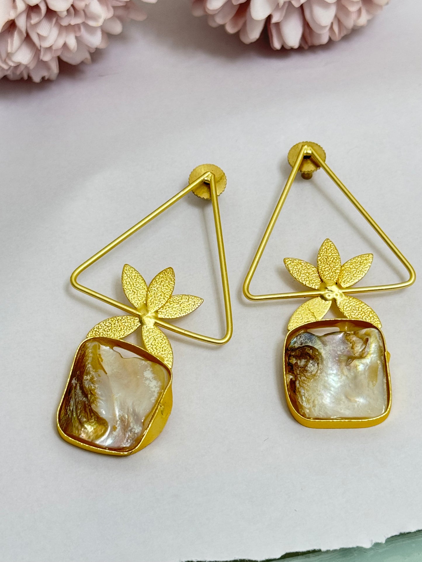 Triangular Uncut Stone Golden Brass Earrings