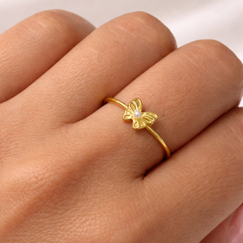Dainty Butterfly Pearl Adjustable Ring