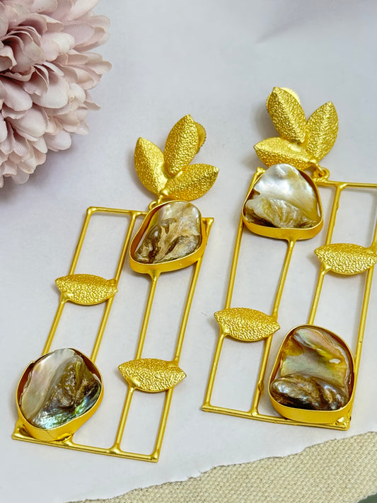 Leaf Uncut Stone Golden Brass Danglers