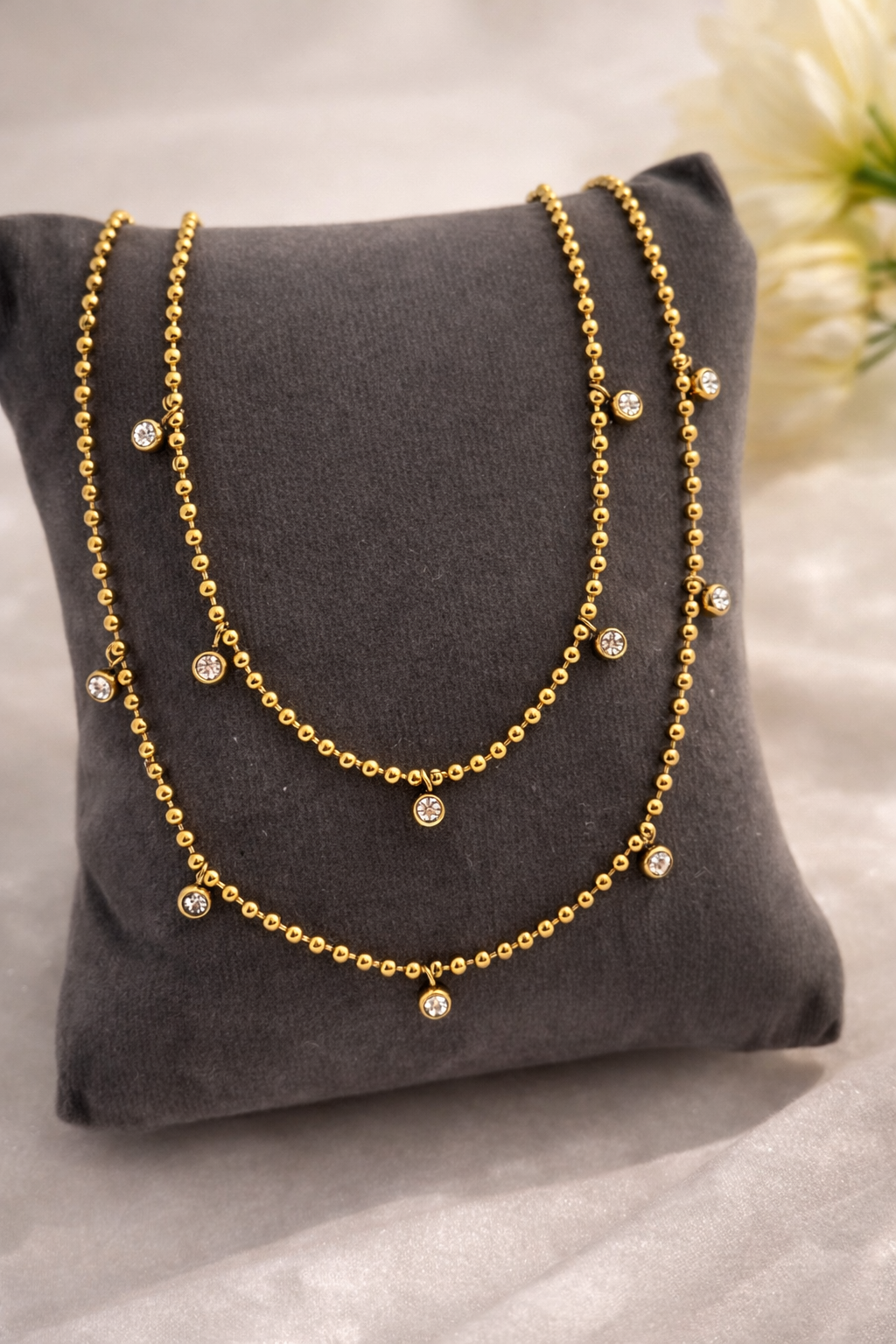 Double Layer Gold Bead Necklace with CZ Charms – Elegant Minimal Jewellery for Women