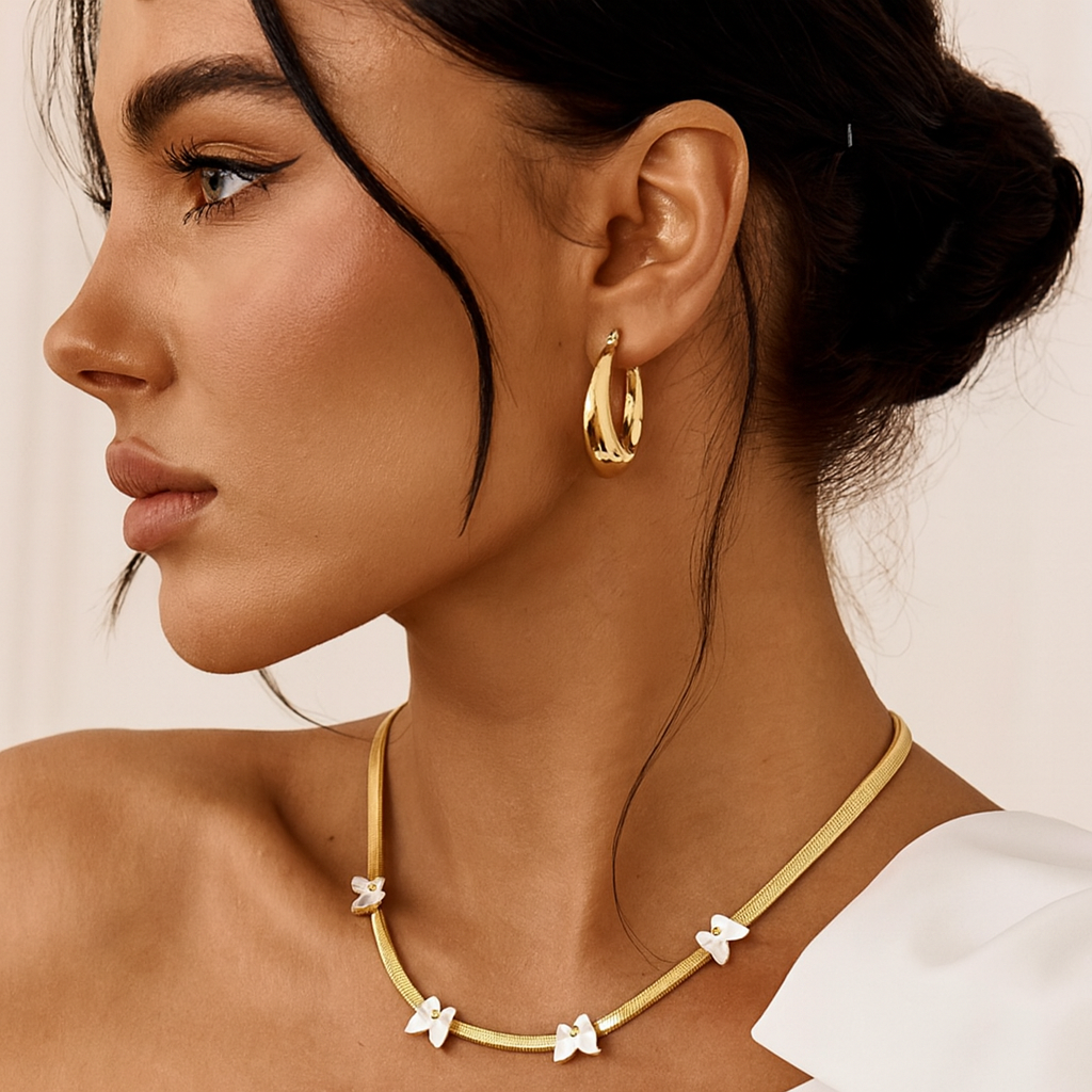 Gold Butterfly Necklace with Mother of Pearl Charms – Elegant Designer Snake Chain Jewelry