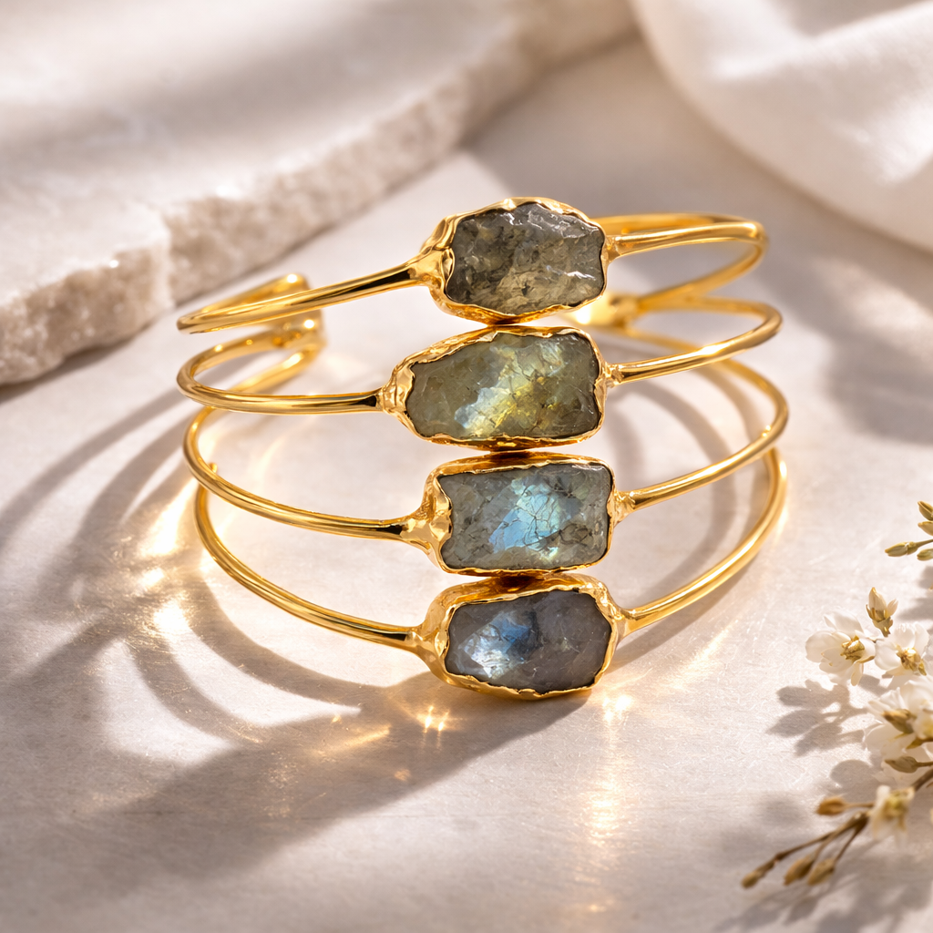 Raw Labradorite Gold Plated Cuff Bracelet for Women – Adjustable Statement Gemstone Bangle