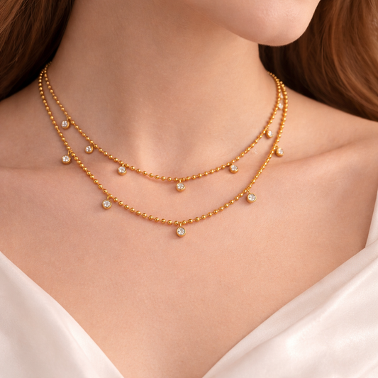 Double Layer Gold Bead Necklace with CZ Charms – Elegant Minimal Jewellery for Women