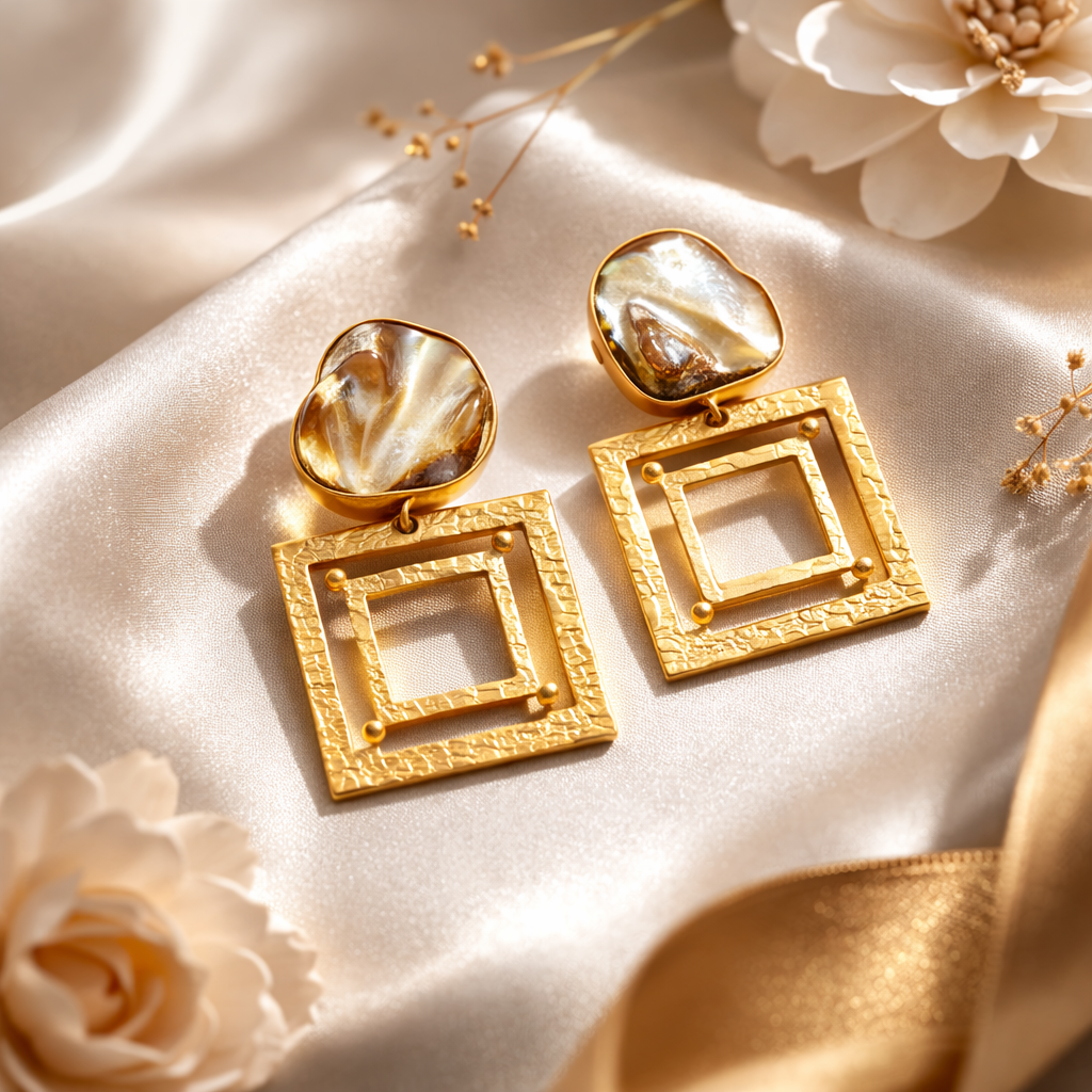 Gold earrings with square designs on a beige fabric background with flowers.