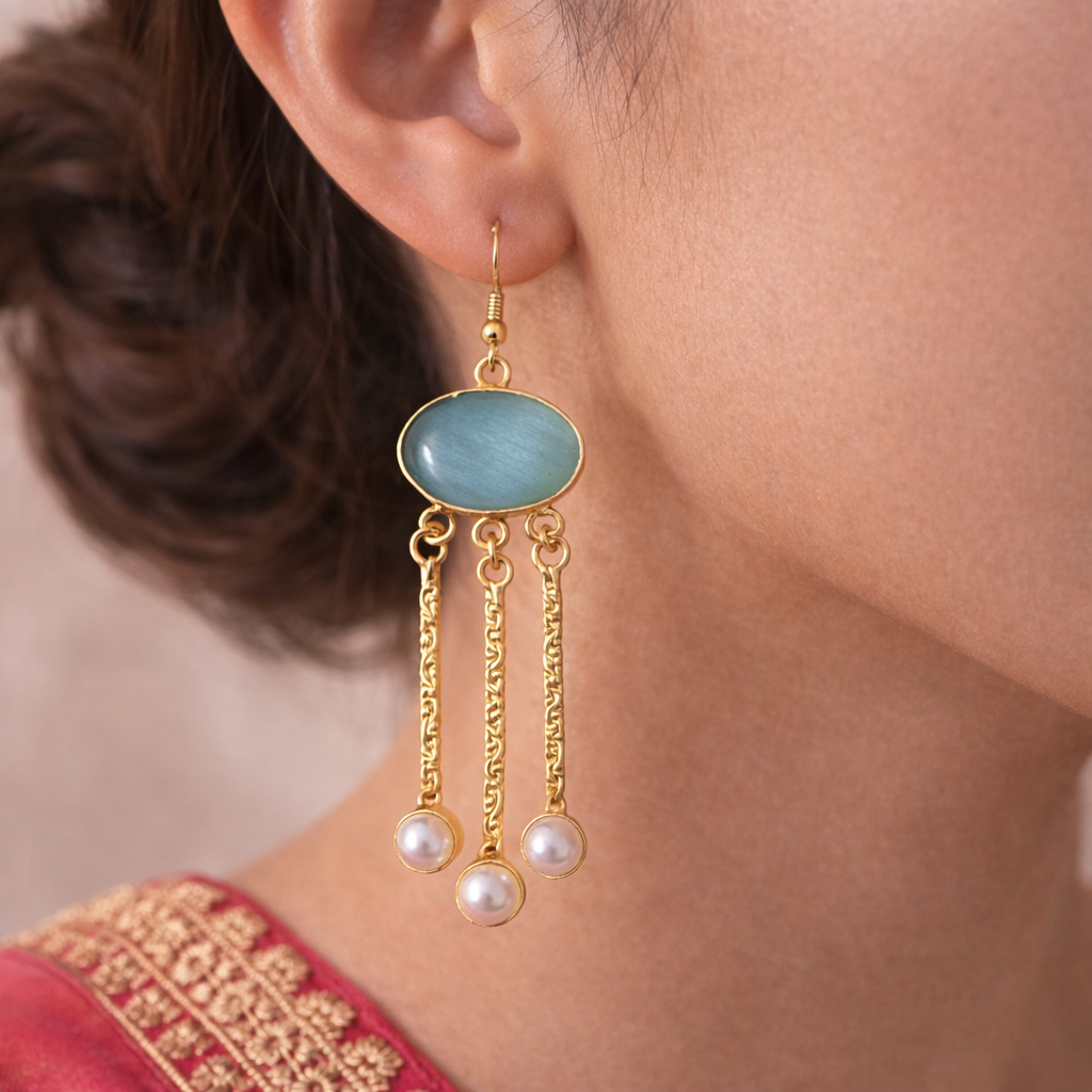 Pearl Drop Gold Plated Long Earrings