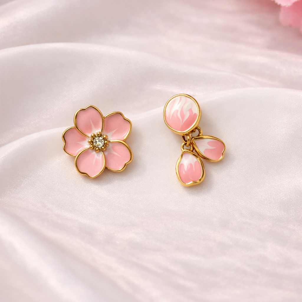 Pair of pink flower earrings on a soft pink fabric background