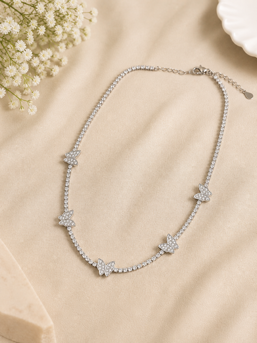 Silver / Golden Butterfly Necklace with Zircon Stones