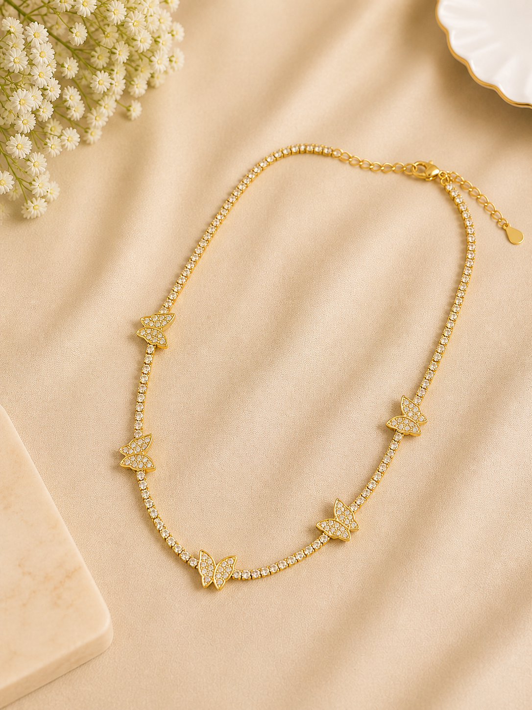 Silver / Golden Butterfly Necklace with Zircon Stones