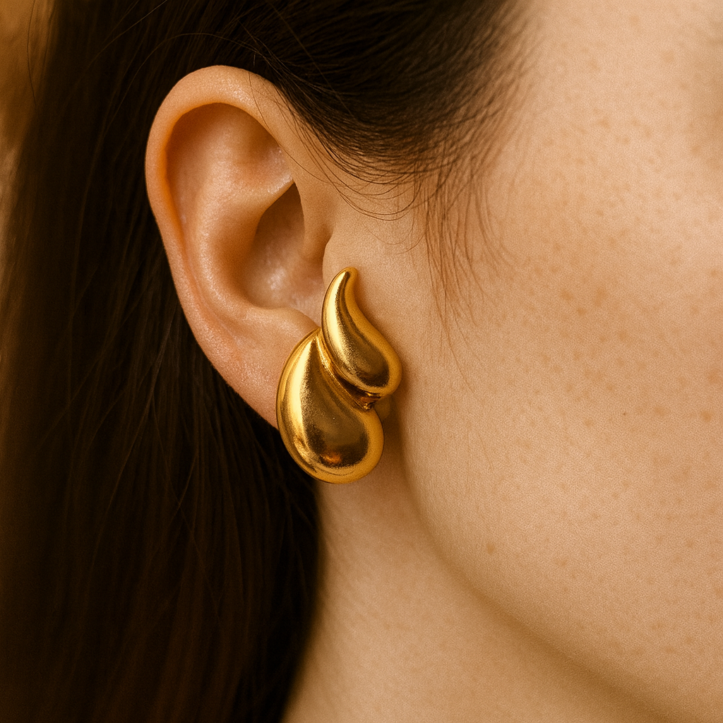 Golden Drop Stud Earrings – Elegant Molten Metal Anti-Tarnish Earrings for Women | Priya Jewellery