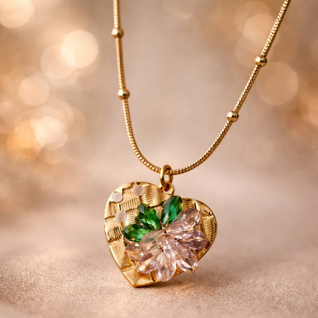 Gold heart-shaped pendant with green and clear gemstones on a blurred gold background