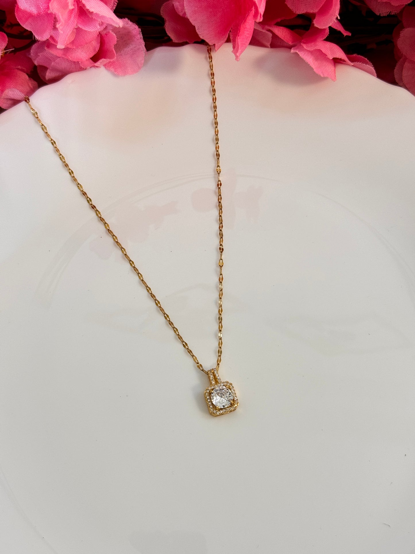 Gold Plated Square Shape AD Stone Pendant Chain