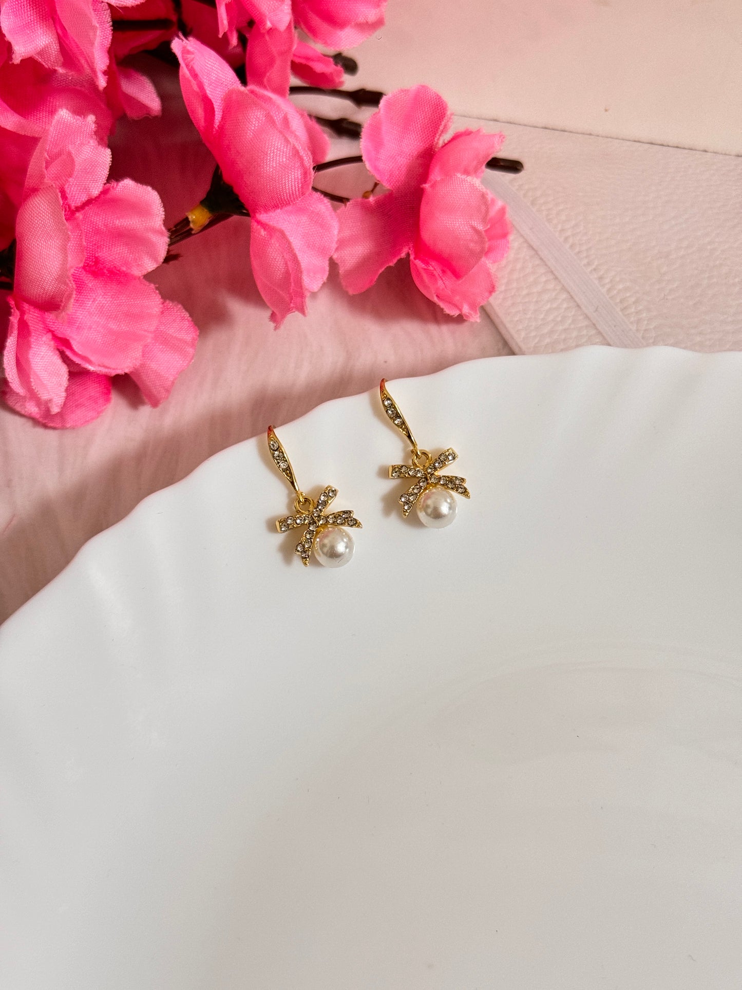 Gold Plated Bow Pearl Drop Earrings for Women – Elegant Party & Daily Wear Jewellery