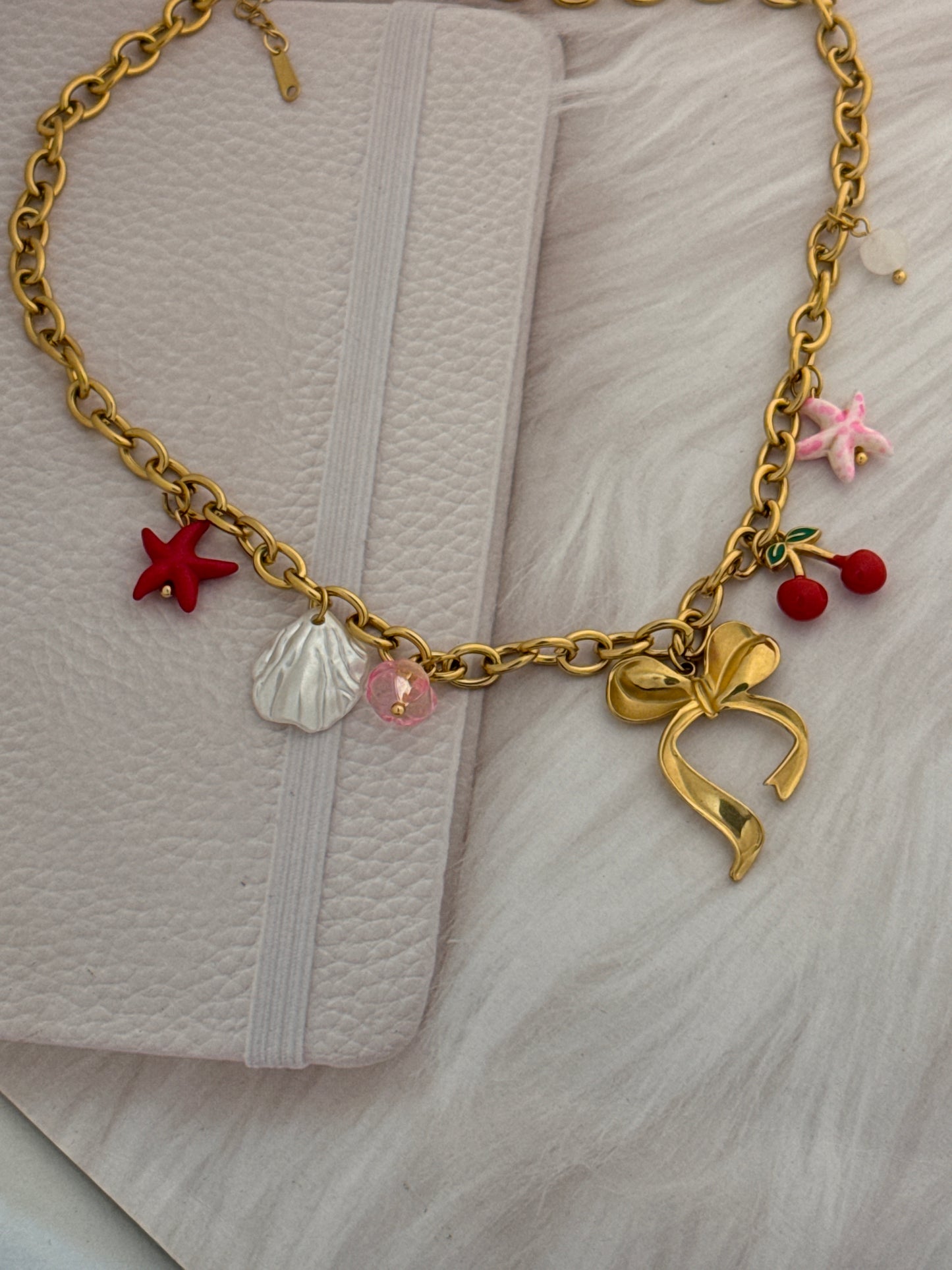 Gold Charm Necklace with Bow, Cherry & Shell Motifs | Vacation Jewelry | Beach Holiday Necklace 2026