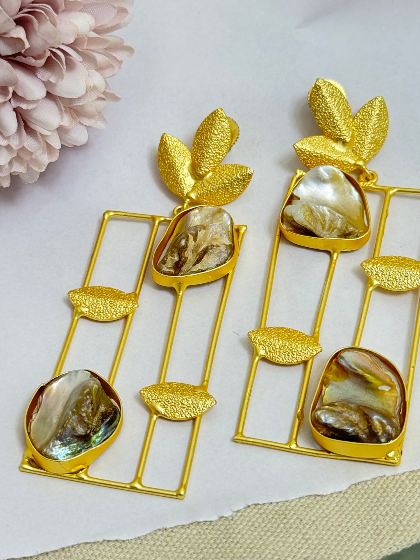 Leaf Uncut Stone Golden Brass Danglers