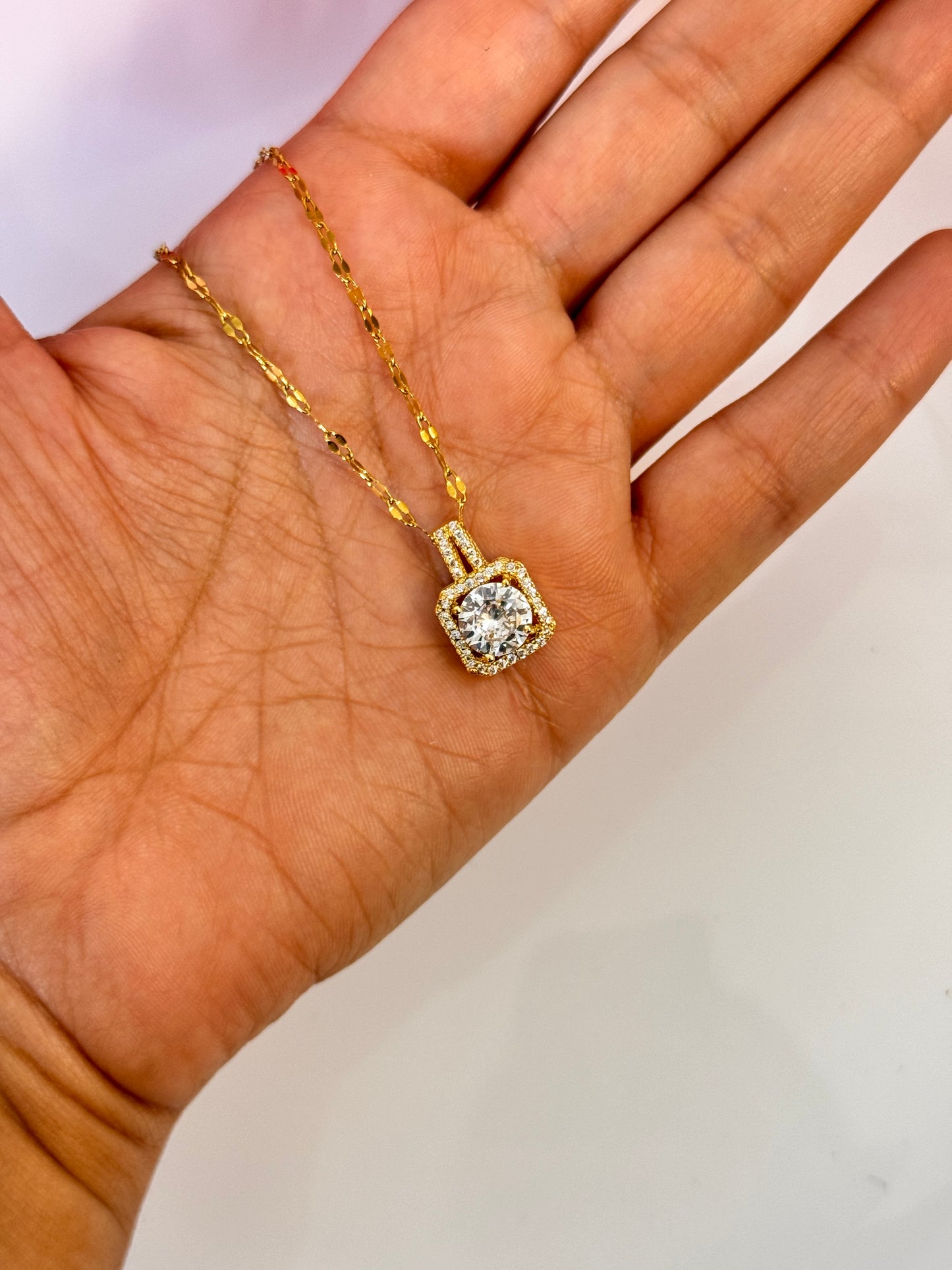 Gold Plated Square Shape AD Stone Pendant Chain