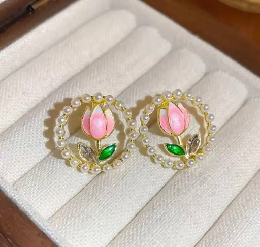 Pearl Studded Lotus Earrings