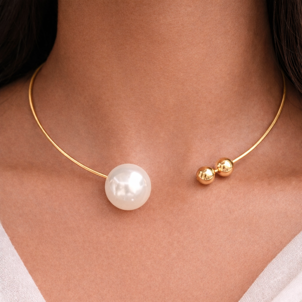 Gold necklace with a pearl pendant on a person wearing a white top.