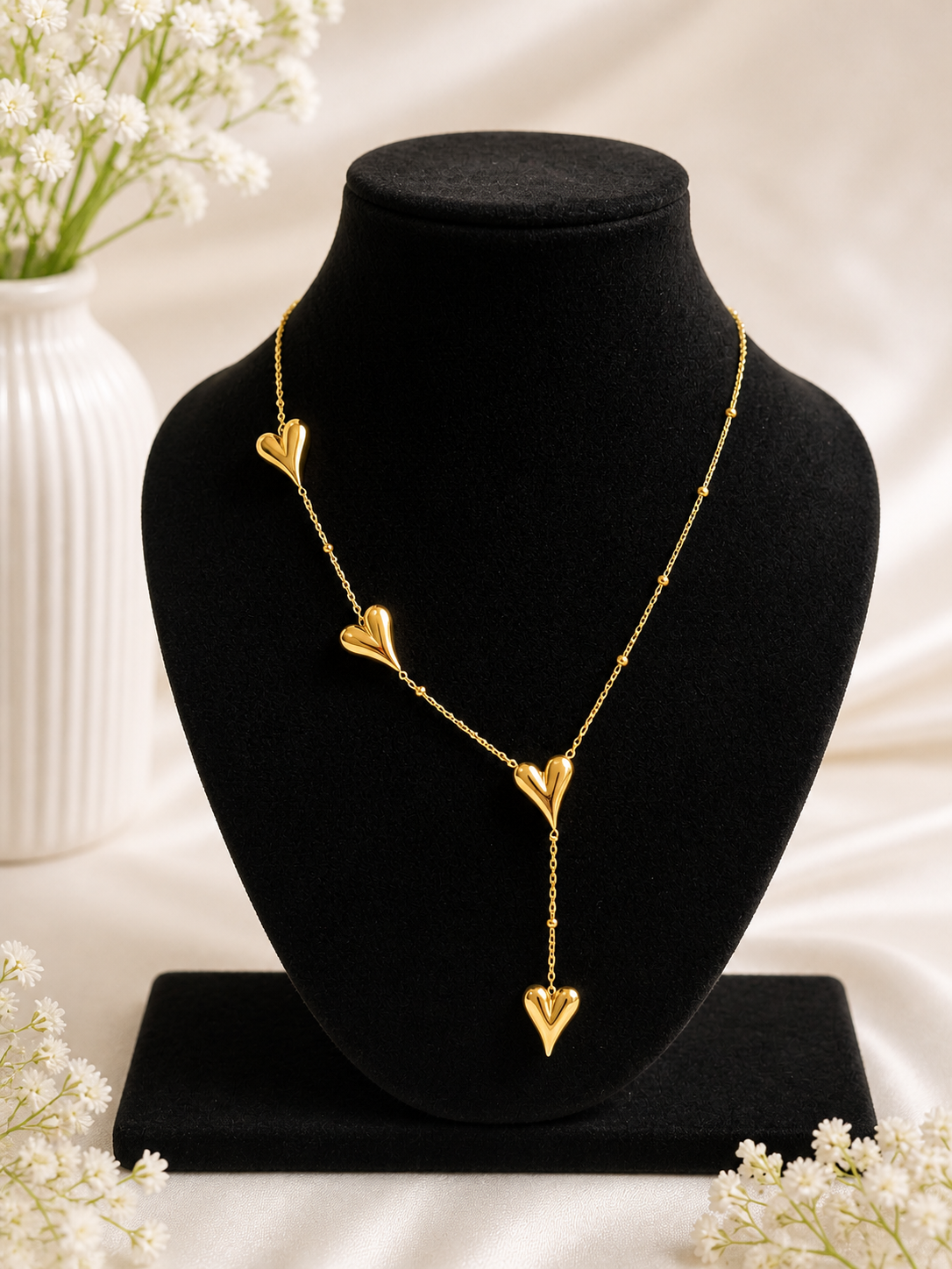Gold necklace with heart-shaped pendants on a black mannequin bust against a white background.