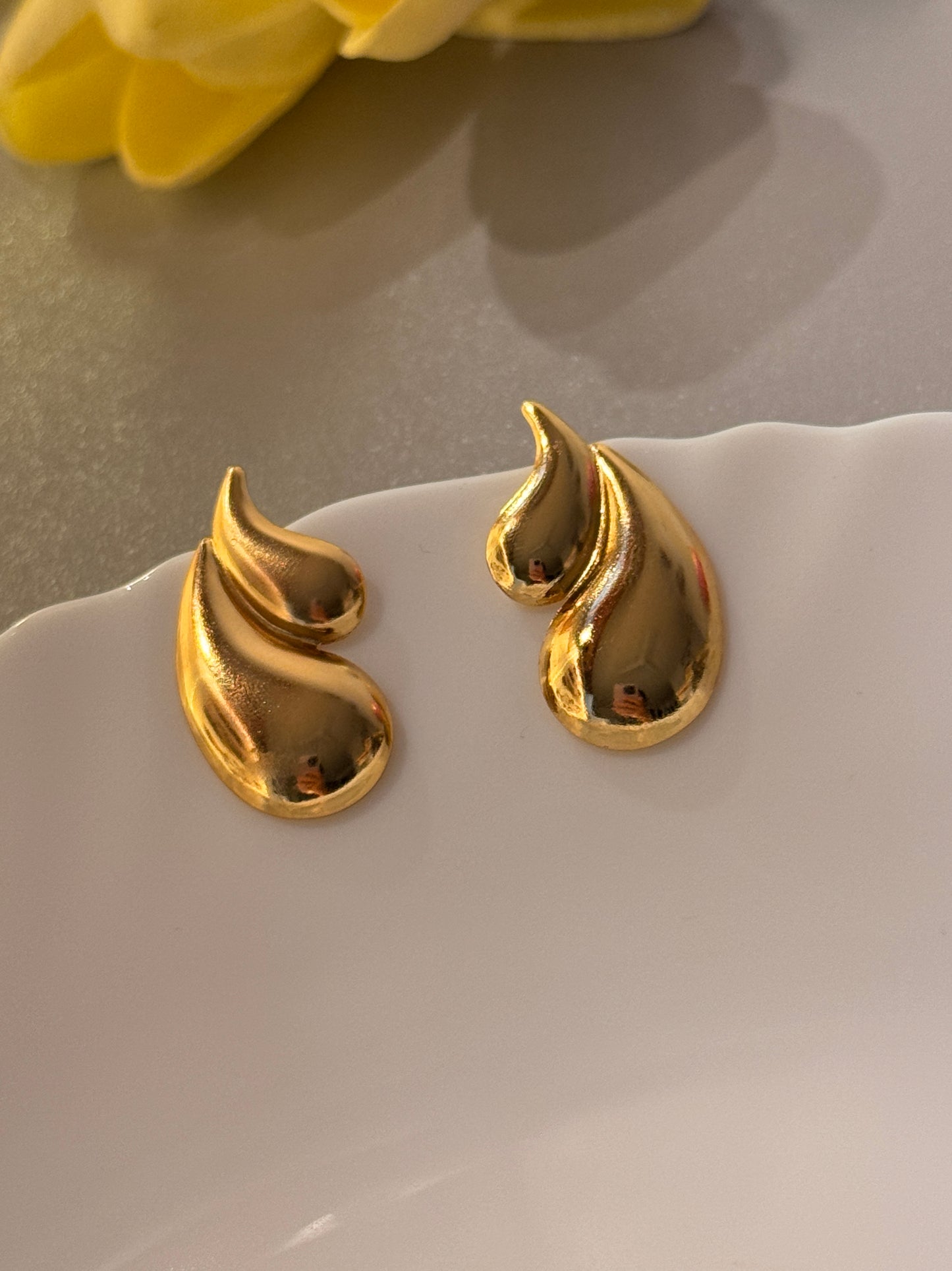 Golden Drop Stud Earrings – Elegant Molten Metal Anti-Tarnish Earrings for Women | Priya Jewellery
