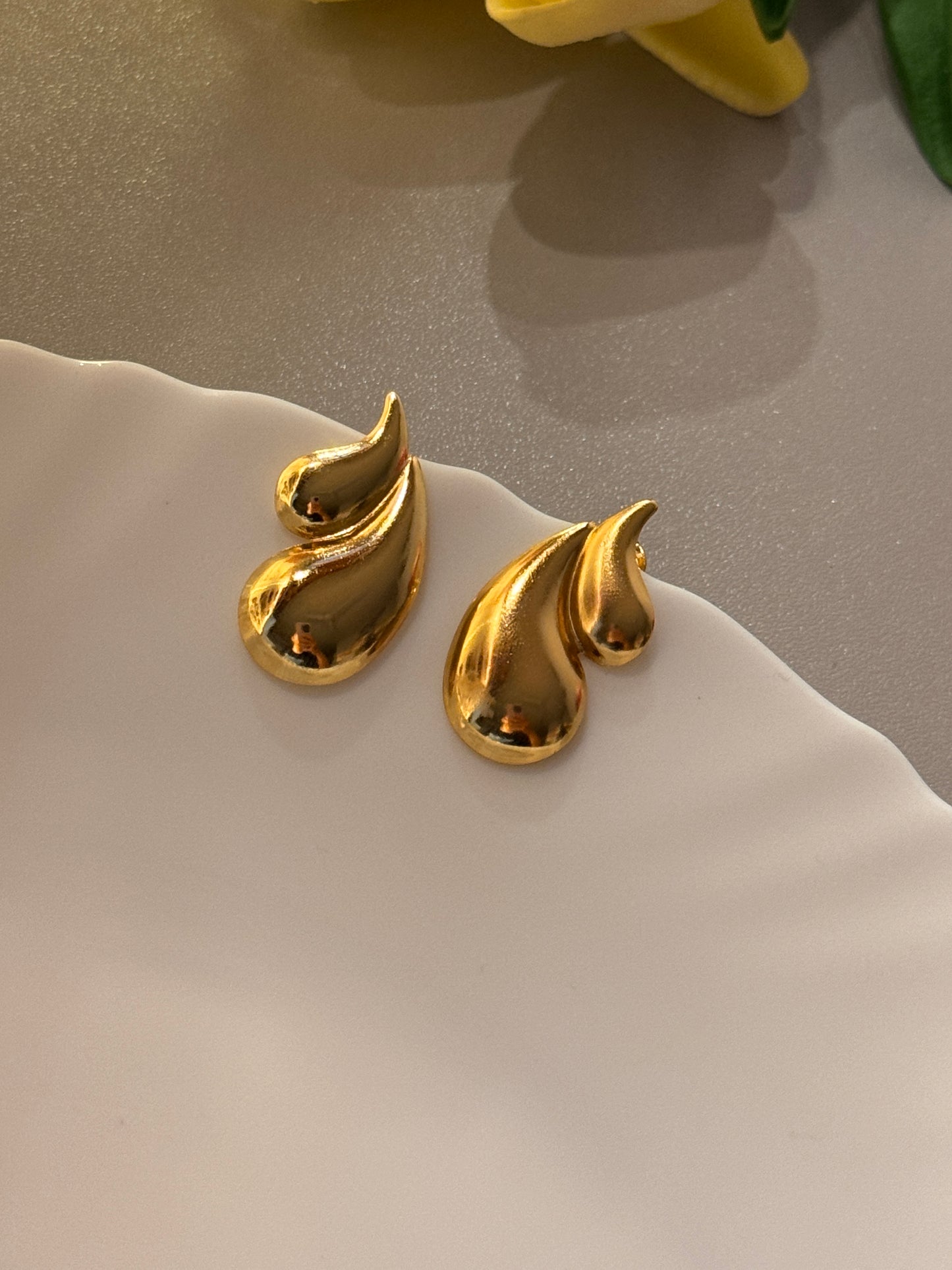 Golden Drop Stud Earrings – Elegant Molten Metal Anti-Tarnish Earrings for Women | Priya Jewellery