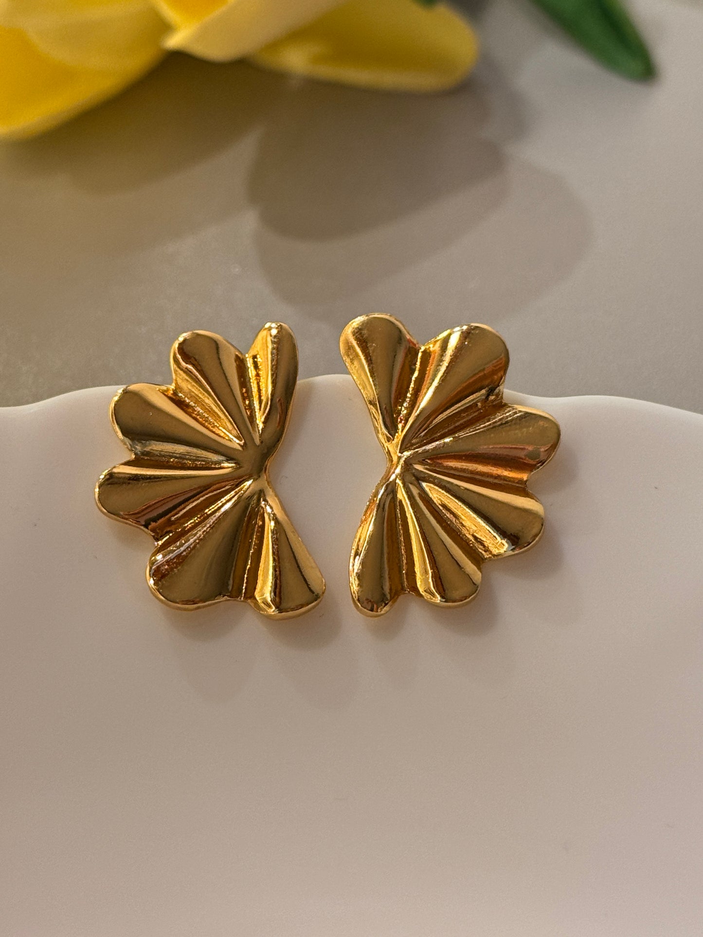 Golden Fan Statement Stud Earrings – Elegant Anti-Tarnish Designer Earrings for Women | Priya Jewellery