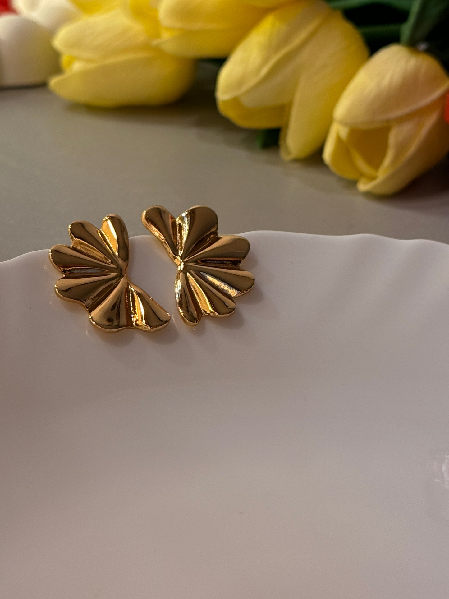 Golden Fan Statement Stud Earrings – Elegant Anti-Tarnish Designer Earrings for Women | Priya Jewellery