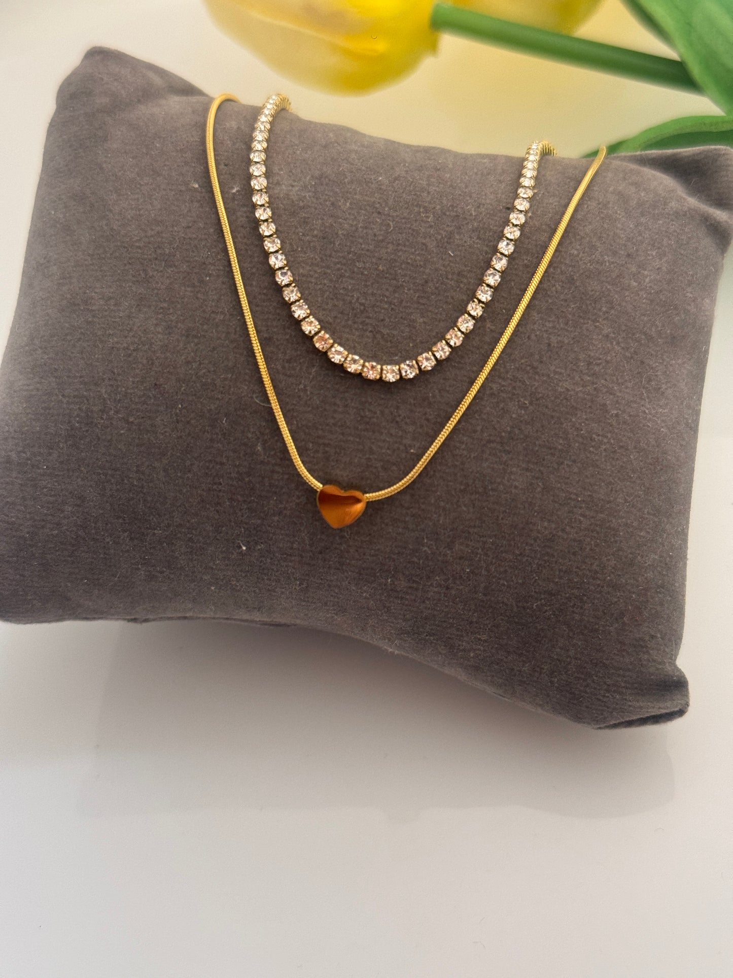 Layered Gold Heart Pendant & CZ Tennis Necklace – Valentine Special Jewellery for Women