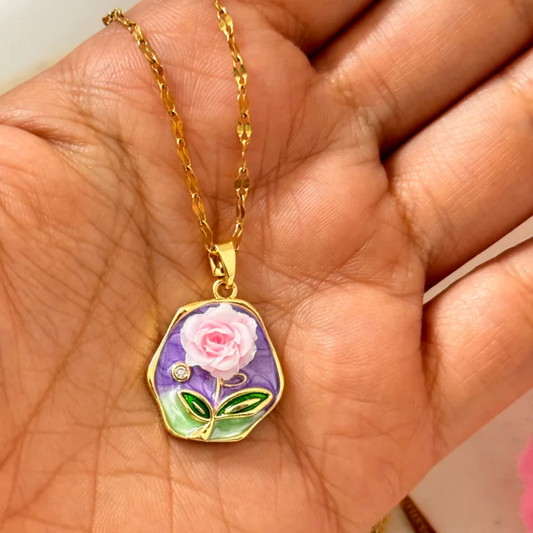 Enamel Rose Pendant Necklace – Gold Chain Floral Jewelry for Women