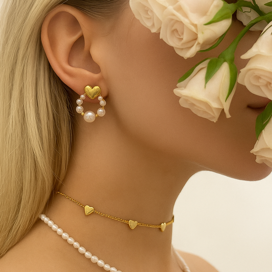 Dainty Pearl Hoop Earrings with Golden Heart – Trendy Fashion Jewelry