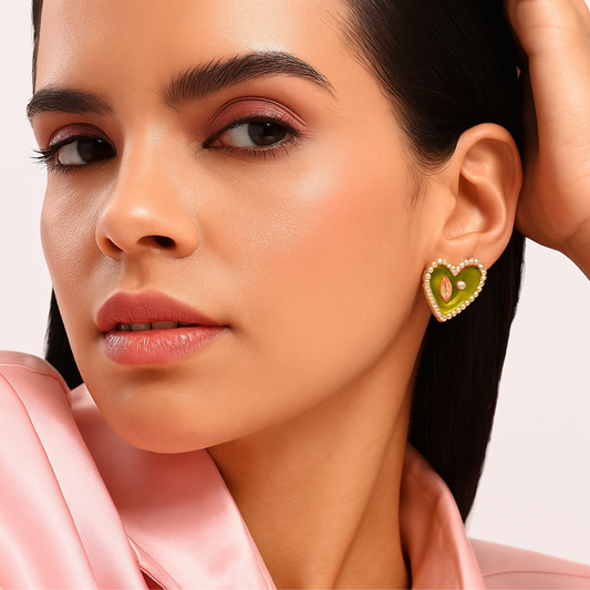 Green Heart Pearl Stud Earrings – Elegant Love-Themed Jewellery for Women