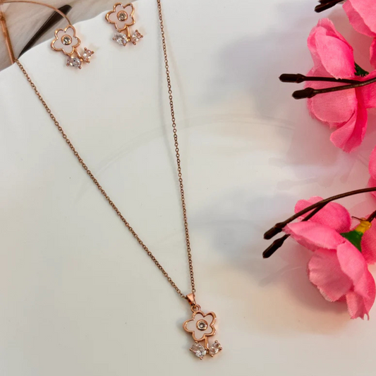 Premium Rose Gold floral Stainless Steel Necklace with Earrings