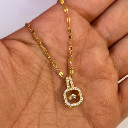 Stainless Steel Gold-Plated Stones Studded Square Pendant With Chain