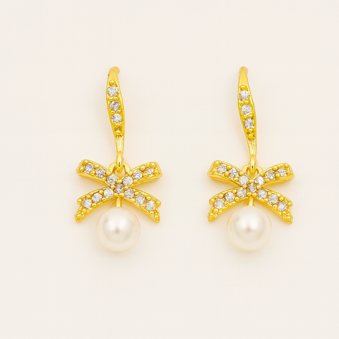 Gold Plated Bow Pearl Drop Earrings for Women – Elegant Party & Daily Wear Jewellery