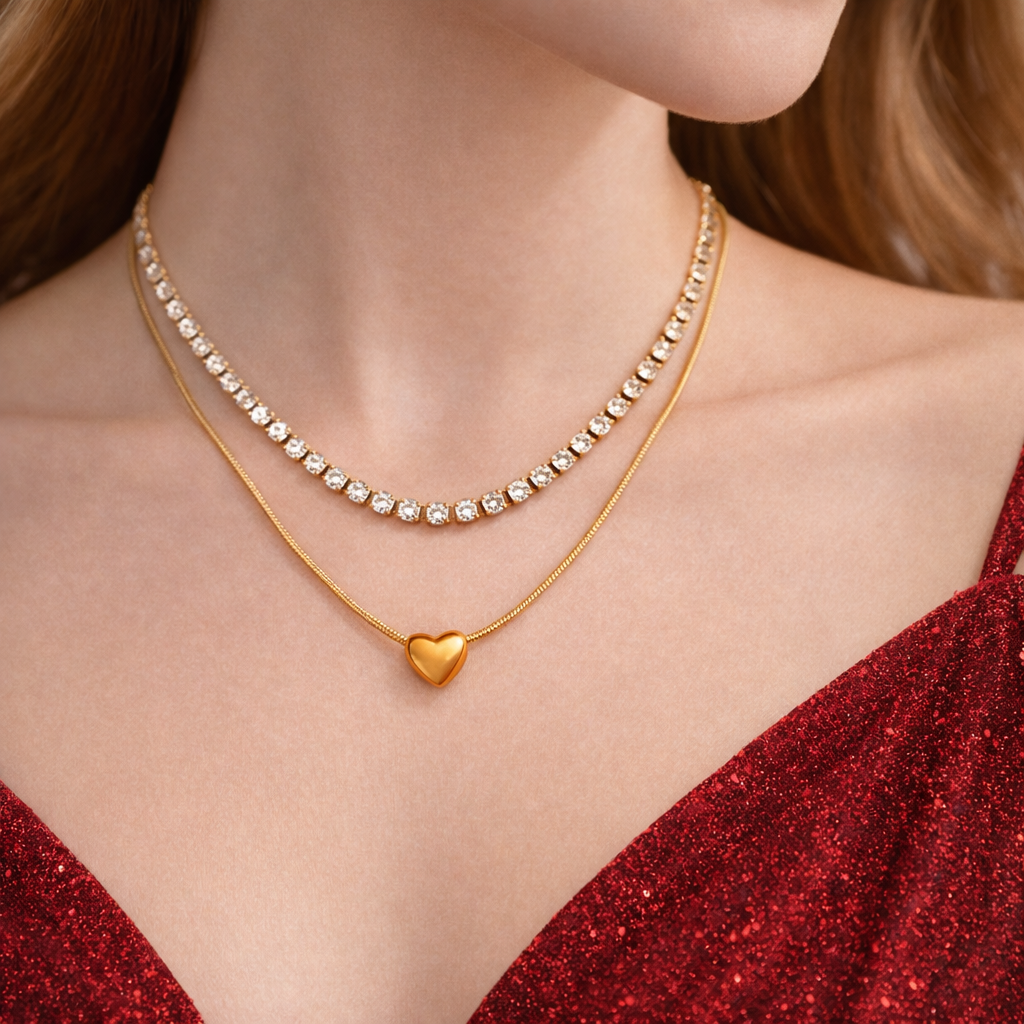 Gold necklace with a heart pendant worn by a person in a red dress.