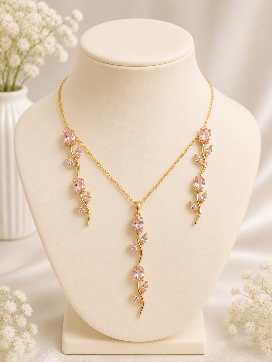 Gold necklace with pink flowers on a mannequin bust with white flowers in the background