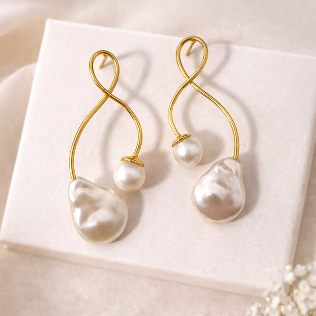 Pair of gold and pearl earrings on a white surface