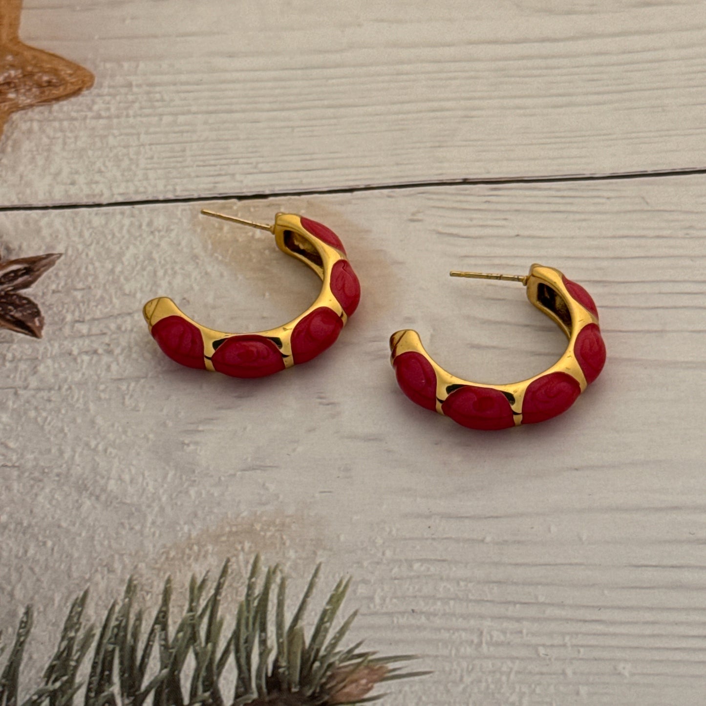 Red and gold earrings on a wooden surface with a plant in the corner