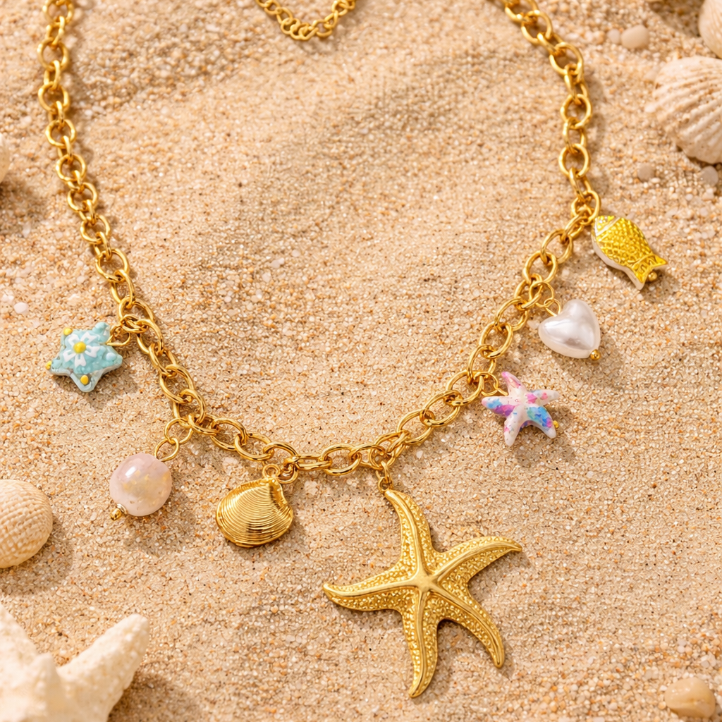 Gold bracelet with starfish charm on sand with starfish and shells