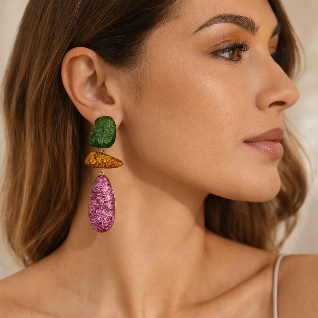 Close-up of a woman wearing colorful earrings with a neutral background