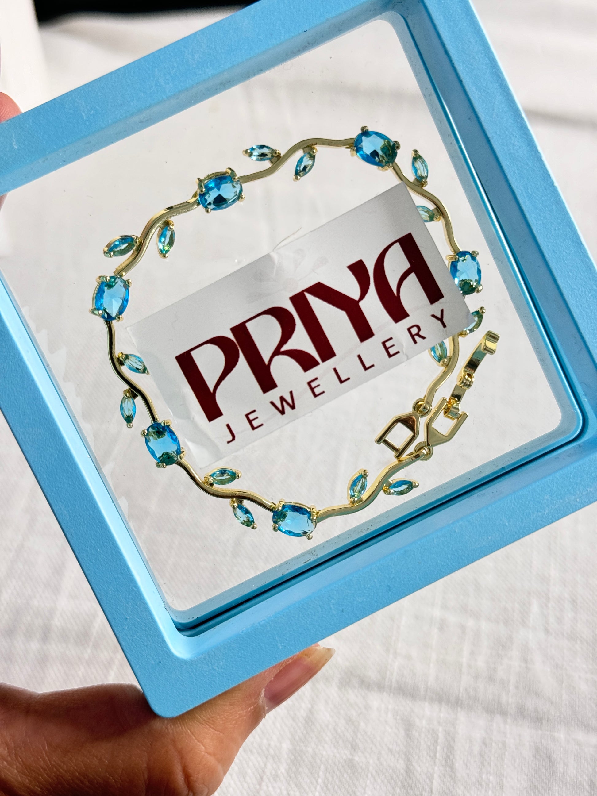 Blue jewelry box with 'Priya Jewellery' logo on a white background