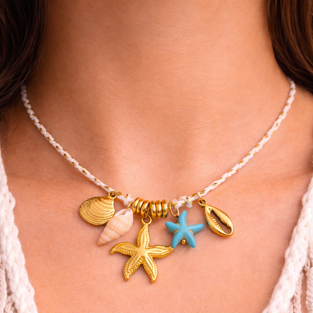 Necklace with starfish and shell charms on a person wearing a white lace top.