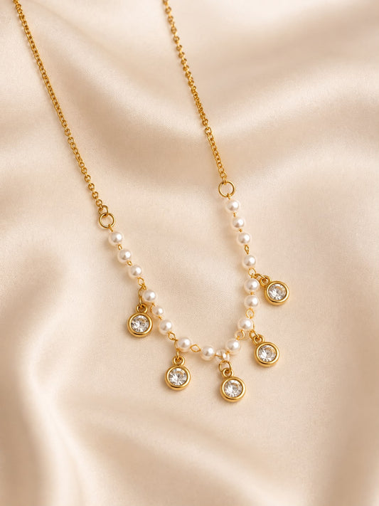 Pearl Crystal Charm Necklace for Women | Anti-Tarnish Gold Stainless Steel Necklace