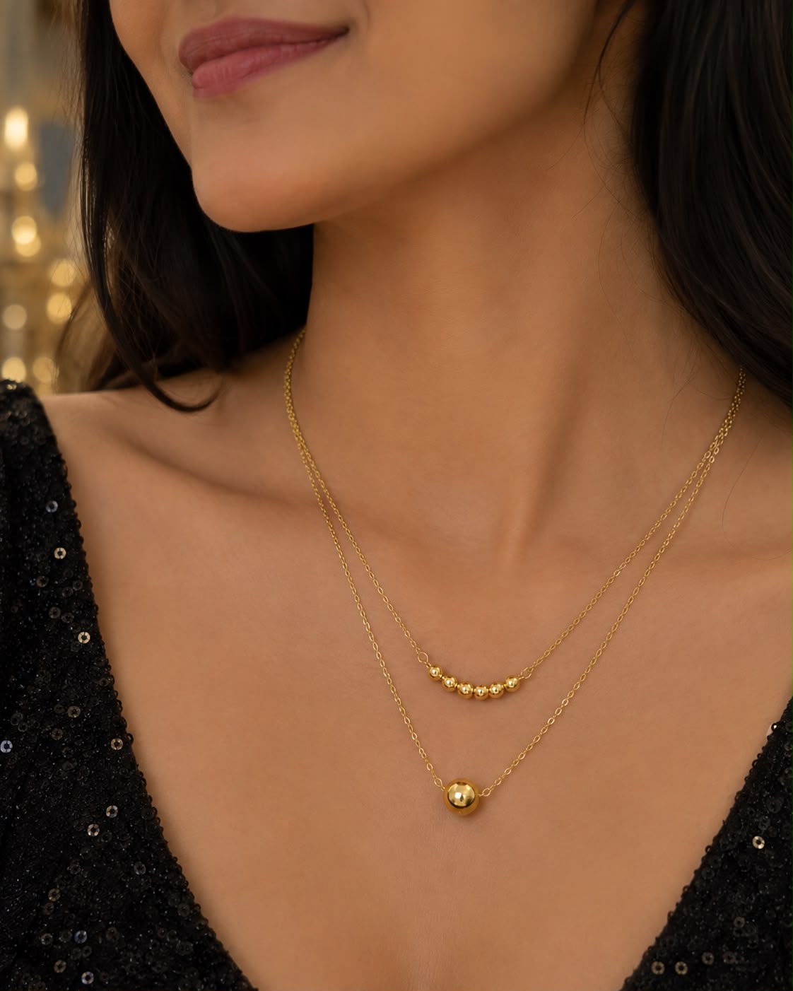 Gold Layered Necklace for Women | Minimalist Beaded Ball Pendant Necklace