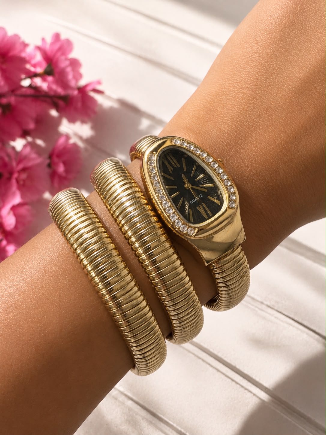 Gold Bracelet Watch for Women | Black Dial Crystal Bangle Watch