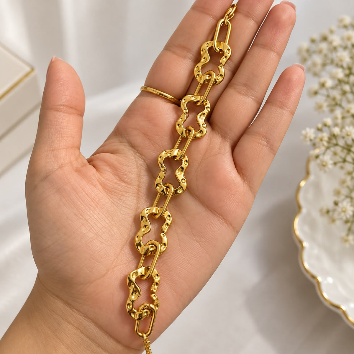 Gold Sculpted Link Statement Bracelet for Women