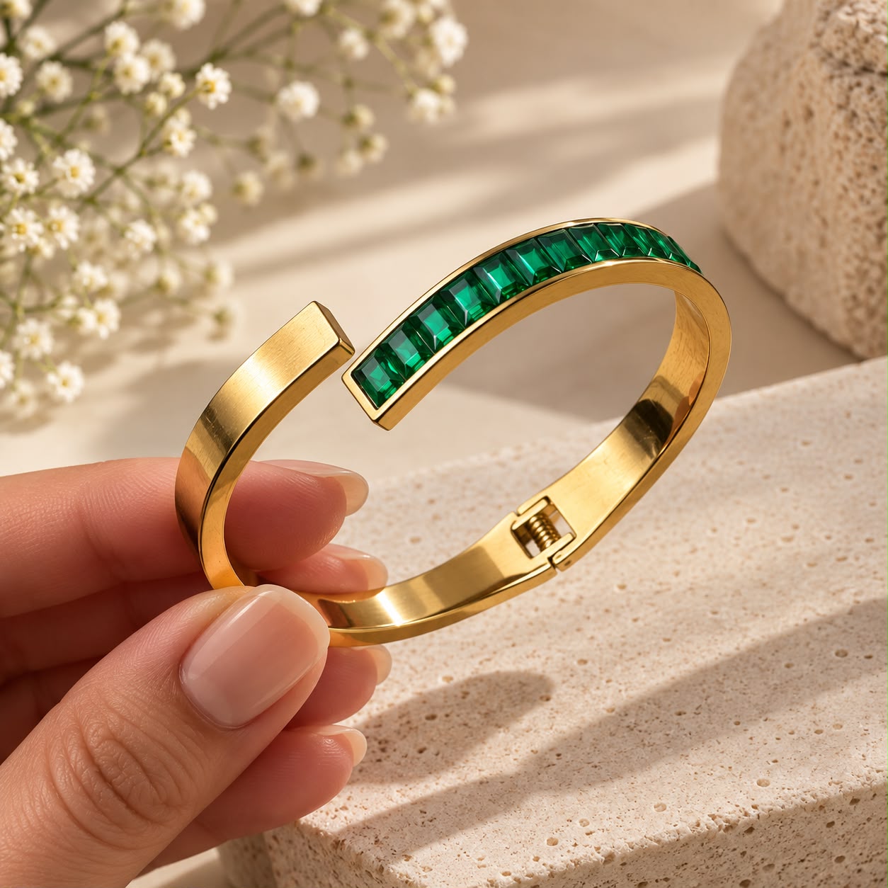Emerald Green Gold Cuff Bracelet for Women