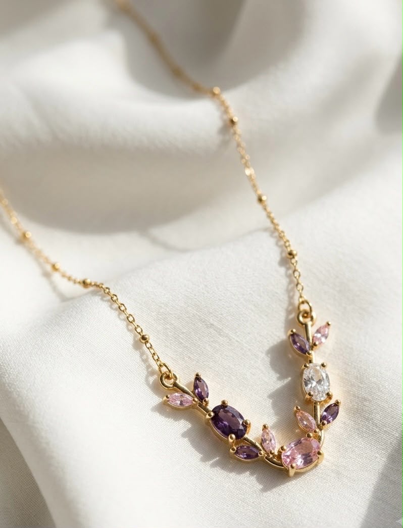 Gold Purple Crystal Leaf Necklace for Women