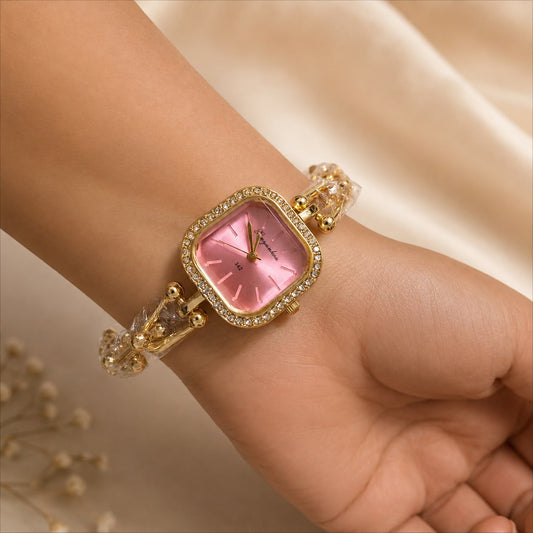 Pink Square Dial Bracelet Watch for Women