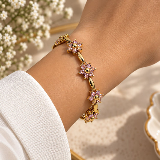 Gold Pink Crystal Flower Bracelet for Women